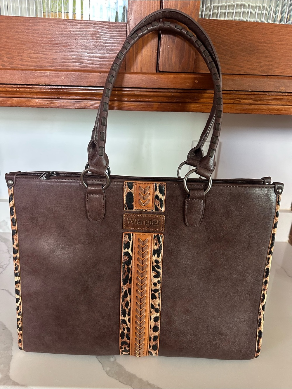 Wrangler Brown Tote with Leopard-Print Trim, New, never used!
